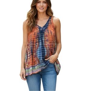 World Market Greater Good Tie-Dye Boho Batik Sleeveless Top Flowy Rayon Size M
